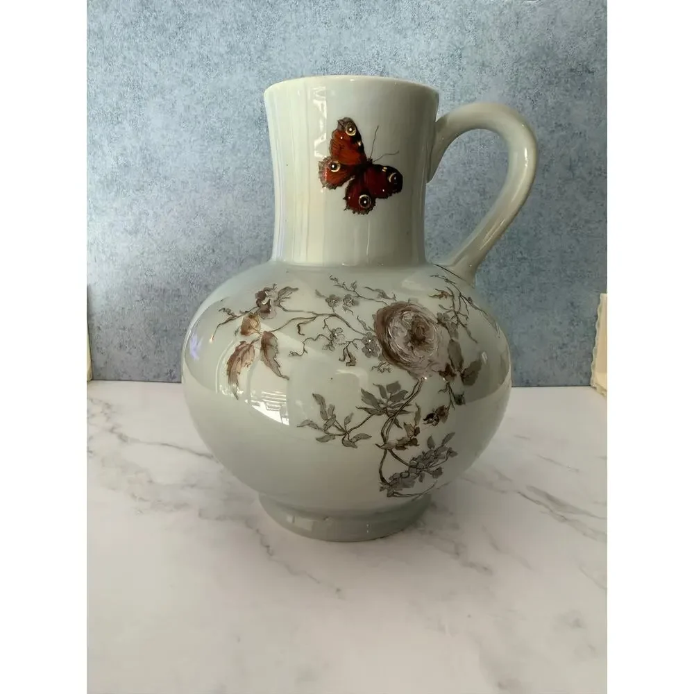 Antique Haviland Limoges Pitcher Aesthetic Movement Butterfly Floral 1880s Jug